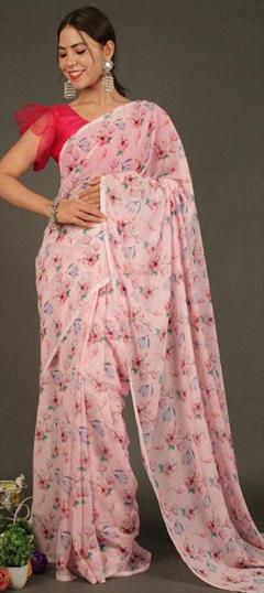 Casual Pink and Majenta color Saree in Georgette fabric with Classic Digital Print, Floral work : 1919980
