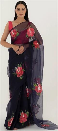 Party Wear, Traditional Blue color Saree in Organza Silk fabric with Classic Floral, Printed work : 1920123