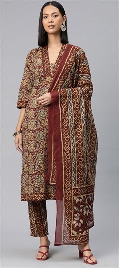 Festive, Summer Red and Maroon color Salwar Kameez in Cotton fabric with Straight Cut Dana, Floral, Printed work : 1920140