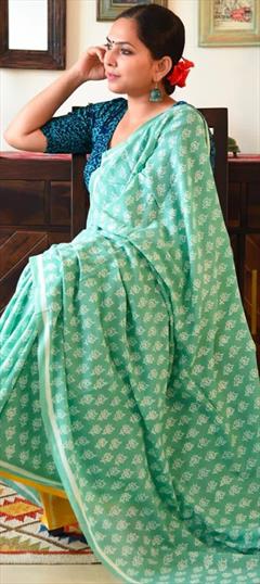 Casual, Traditional Green color Saree in Linen fabric with Bengali Digital Print work : 1920145