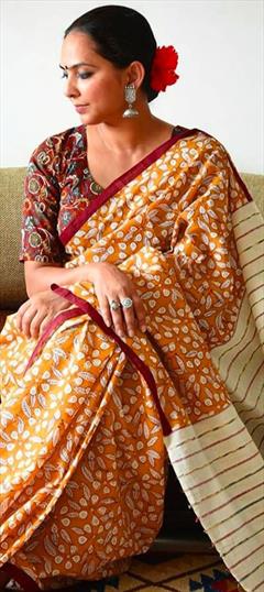 Casual, Traditional Beige and Brown color Saree in Linen fabric with Bengali Digital Print work : 1920148