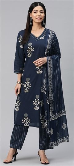 Festive, Summer Blue color Salwar Kameez in Cotton fabric with Straight Bugle Beads, Printed work : 1920157