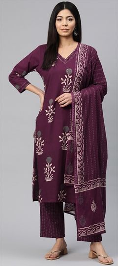 Festive, Summer Purple and Violet color Salwar Kameez in Cotton fabric with Straight Bugle Beads, Printed work : 1920158