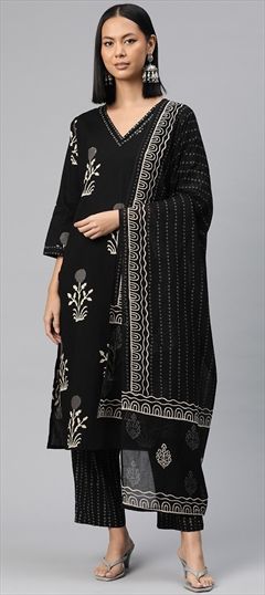 Festive, Summer Black and Grey color Salwar Kameez in Cotton fabric with Straight Bugle Beads, Printed work : 1920159