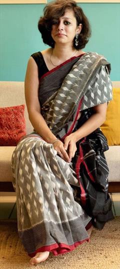 Casual, Traditional Black and Grey color Saree in Linen fabric with Bengali Digital Print work : 1920162