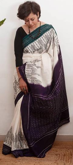 Casual, Traditional White and Off White color Saree in Linen fabric with Bengali Digital Print work : 1920165