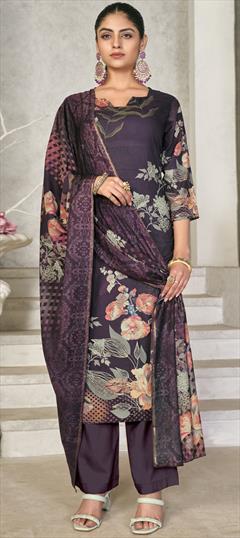 Festive, Party Wear Purple and Violet color Salwar Kameez in Pashmina fabric with Straight Digital Print, Floral work : 1920192