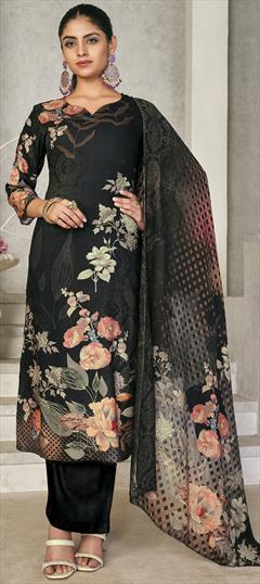 Festive, Party Wear Black and Grey color Salwar Kameez in Pashmina fabric with Straight Digital Print, Floral work : 1920193