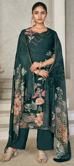 Festive, Party Wear Green color Salwar Kameez in Pashmina fabric with Straight Digital Print, Floral work : 1920194