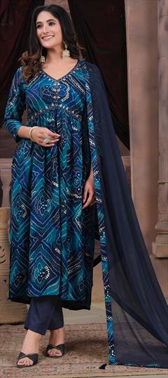 Festive, Party Wear Blue color Salwar Kameez in Rayon fabric with Anarkali Printed work : 1920200
