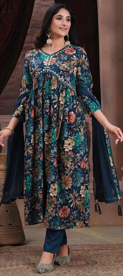 Festive, Party Wear Blue color Salwar Kameez in Rayon fabric with Anarkali Printed work : 1920203