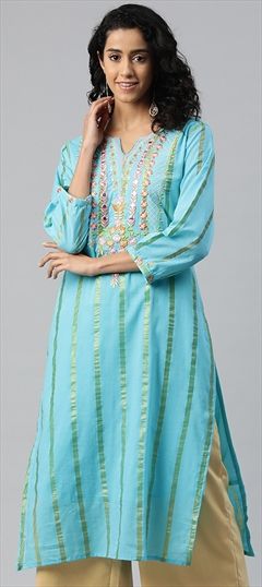 Festive, Summer Blue color Kurti in Cotton fabric with Straight Embroidered, Mirror, Resham, Thread, Zari work : 1920213