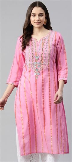 Festive, Summer Pink and Majenta color Kurti in Cotton fabric with Straight Embroidered, Mirror, Resham, Thread, Zari work : 1920216