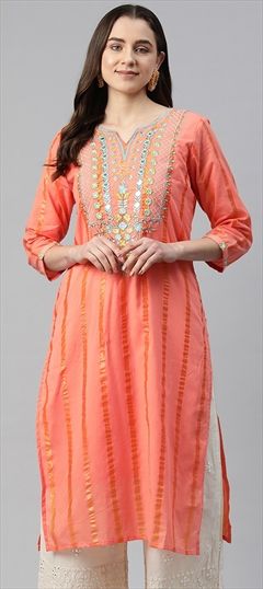 Festive, Summer Orange color Kurti in Cotton fabric with Straight Embroidered, Mirror, Resham, Thread, Zari work : 1920217