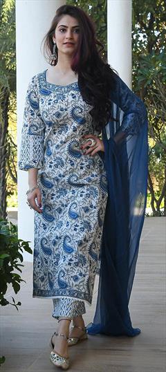 Festive, Party Wear Blue, White and Off White color Salwar Kameez in Cotton fabric with Straight Printed work : 1920223
