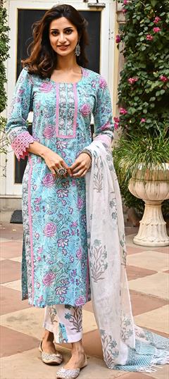 Festive, Party Wear Blue color Salwar Kameez in Cotton fabric with Straight Floral work : 1920227