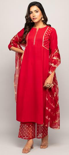 Designer, Festive, Party Wear Red and Maroon color Salwar Kameez in Crepe Silk fabric with Anarkali Floral, Printed work : 1920236
