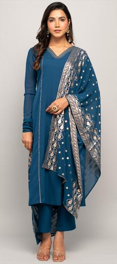 Designer, Festive, Party Wear Blue color Salwar Kameez in Crepe Silk fabric with Anarkali Floral, Printed work : 1920237