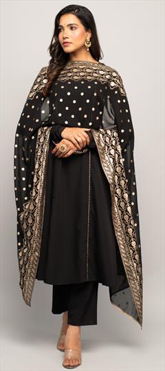 Designer, Festive, Party Wear Black and Grey color Salwar Kameez in Crepe Silk fabric with Anarkali Floral, Printed work : 1920238