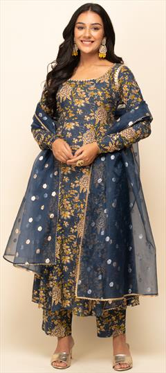 Designer, Festive, Party Wear Blue color Salwar Kameez in Cotton fabric with Anarkali Floral, Printed work : 1920239