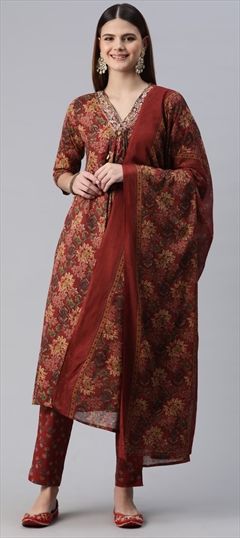 Festive, Summer Red and Maroon color Salwar Kameez in Cotton fabric with A Line Floral, Printed, Zari work : 1920281