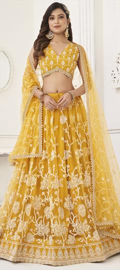 Festive, Party Wear, Wedding Yellow color Lehenga in Net fabric with Flared Embroidered, Sequence, Thread work : 1920311