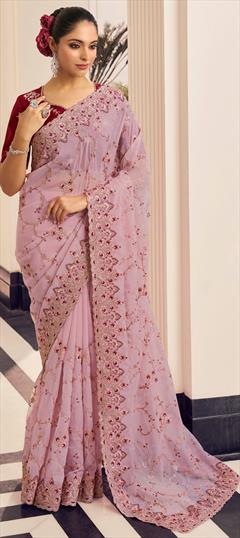 Festive, Party Wear, Reception Pink and Majenta color Saree in Georgette, Silk fabric with Classic Embroidered, Resham, Sequence, Thread work : 1920316