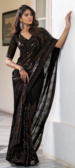 Festive, Party Wear, Reception Black and Grey color Saree in Georgette fabric with Classic Embroidered, Resham, Sequence, Thread work : 1920339