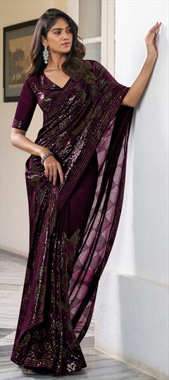 Festive, Party Wear, Reception Purple and Violet color Saree in Georgette fabric with Classic Embroidered, Resham, Sequence, Thread work : 1920341