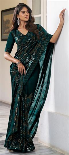 Festive, Party Wear, Reception Green color Saree in Georgette fabric with Classic Embroidered, Resham, Sequence, Thread work : 1920344