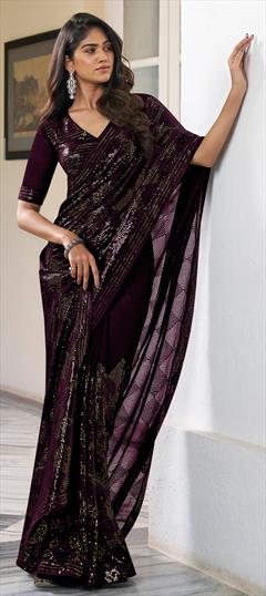 Festive, Party Wear, Reception Purple and Violet color Saree in Georgette fabric with Classic Embroidered, Resham, Sequence, Thread work : 1920346