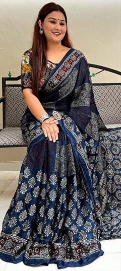 Traditional Blue color Saree in Cotton fabric with South Digital Print work : 1920366