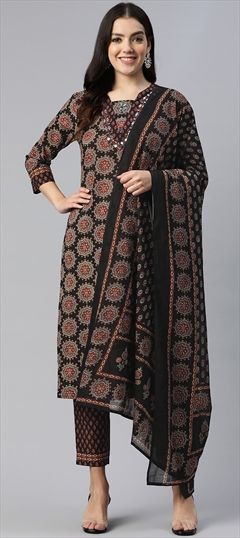 Festive, Summer Black and Grey color Salwar Kameez in Cotton fabric with Straight Floral, Mirror, Printed, Resham, Thread work : 1920384