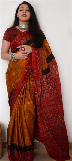 Traditional Gold, Red and Maroon color Saree in Cotton fabric with South Digital Print work : 1920411