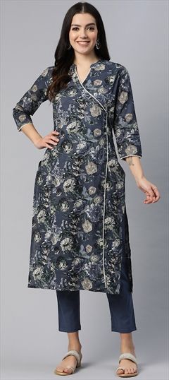 Festive, Summer Blue color Salwar Kameez in Cotton fabric with Straight Floral, Lace, Printed work : 1920423