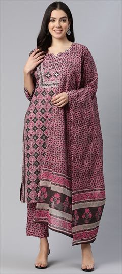 Festive, Summer Black and Grey, Pink and Majenta color Salwar Kameez in Cotton fabric with Straight Embroidered, Printed, Resham, Thread work : 1920428