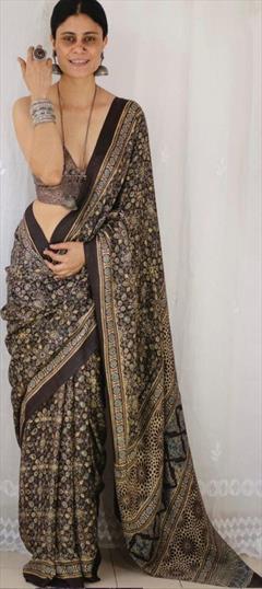 Festive, Traditional Beige and Brown color Saree in Cotton fabric with South Digital Print work : 1920484