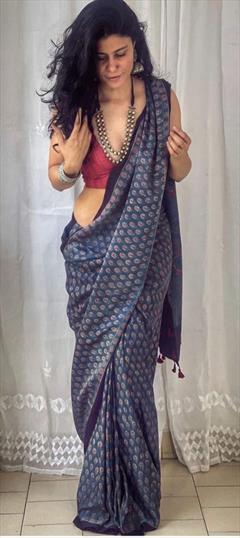 Festive, Traditional Blue color Saree in Cotton fabric with South Digital Print work : 1920489
