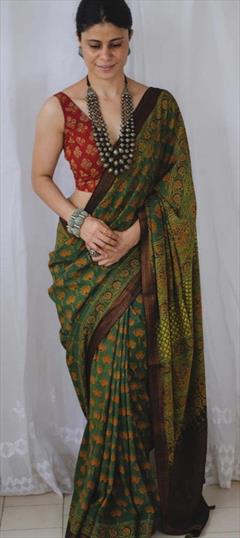 Festive, Traditional Green color Saree in Cotton fabric with South Digital Print work : 1920494