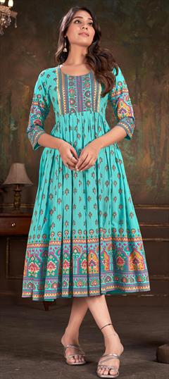 Casual, Party Wear Blue color Kurti in Cotton fabric with Anarkali, Long Sleeve Printed work : 1920539