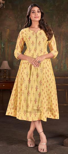 Casual, Party Wear Yellow color Kurti in Cotton fabric with Anarkali, Long Sleeve Printed work : 1920542