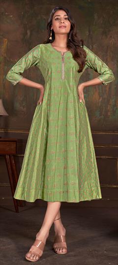 Casual, Party Wear Green color Kurti in Cotton fabric with Anarkali, Long Sleeve Printed work : 1920543