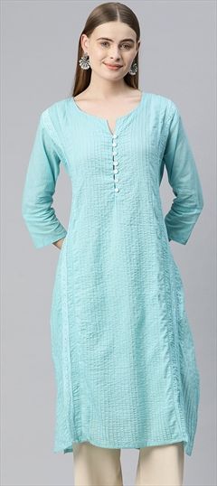 Casual, Summer Blue color Kurti in Cotton fabric with Long Sleeve, Straight Thread work : 1920548