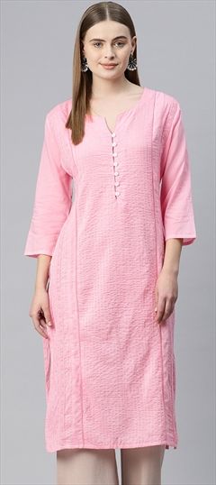 Casual, Summer Pink and Majenta color Kurti in Cotton fabric with Long Sleeve, Straight Thread work : 1920550