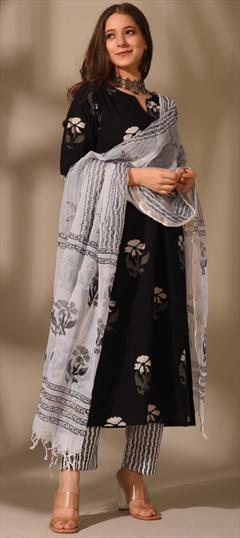 Festive, Party Wear Black and Grey color Salwar Kameez in Cotton fabric with Straight Floral work : 1920551
