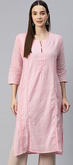 Casual, Summer Pink and Majenta color Kurti in Cotton fabric with Long Sleeve, Straight Thread work : 1920554