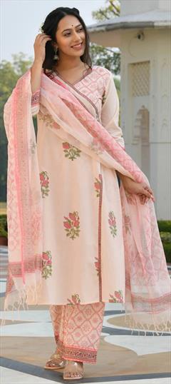 Festive, Party Wear Pink and Majenta color Salwar Kameez in Cotton fabric with Palazzo, Straight Floral work : 1920557