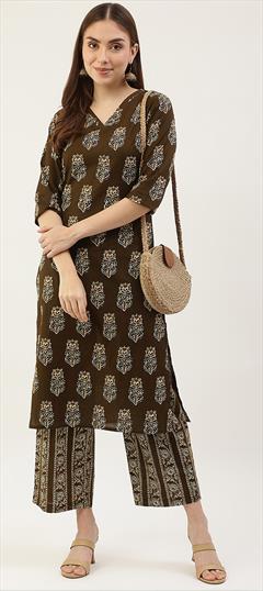 Festive, Party Wear Beige and Brown color Kurti in Cotton fabric with Long Sleeve, Straight Printed work : 1920572
