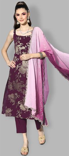 Designer, Festive, Party Wear Purple and Violet color Salwar Kameez in Crepe Silk, Poly Silk fabric with Straight Floral, Printed work : 1920583
