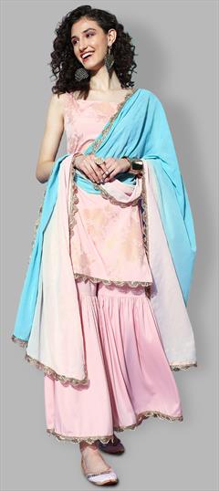 Designer, Festive, Party Wear Pink and Majenta color Salwar Kameez in Crepe Silk, Poly Silk fabric with Straight Floral, Printed work : 1920584